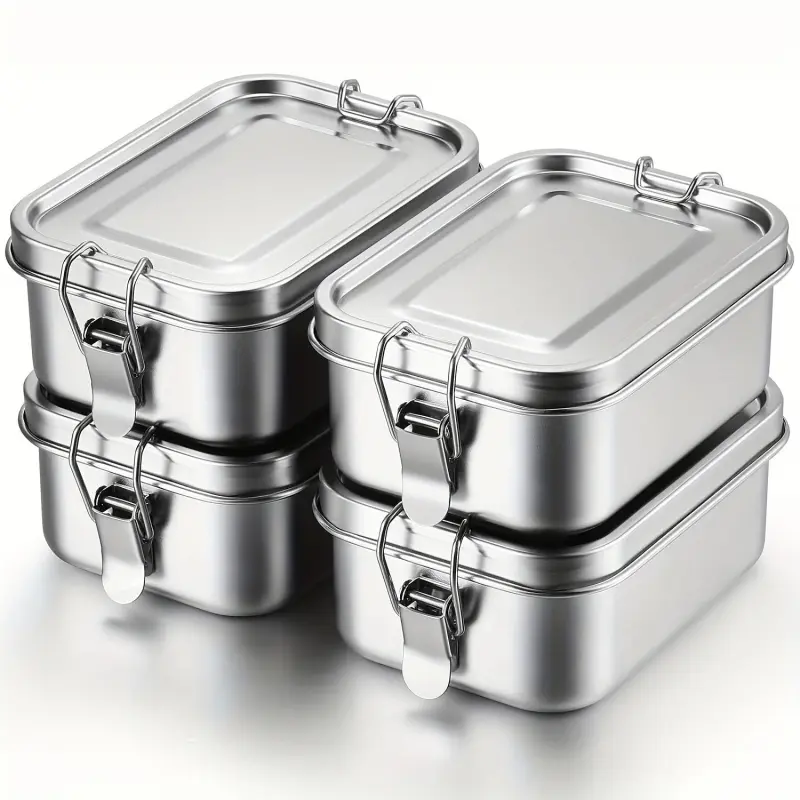 1 PC Square Stainless Steel Lunchbox No Partition Big Capacity Buckle Closure Metal Food Container with Lid Hand Wash Eco Friendly for Kids Adults