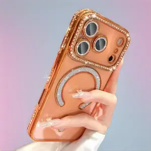 Rhinestone Magnetic Silicon Smartphone Casing - Electroplated Transparent Cover with Lens Film & Screen Protector, Compatible with iPhone 17 Pro Max, iPhone 16 Accessories