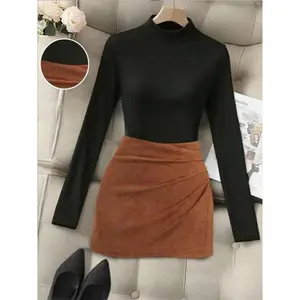 Suede high waisted short skirt and high neck long sleeved knitted sweater set, vintage slim fit two-piece set, elegant and casual for autumn and winterRAIMENTRY