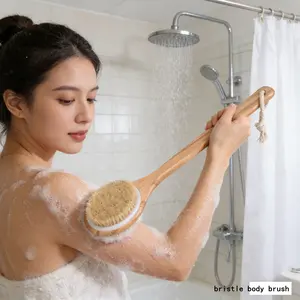 Wooden Bath Brush Long Handle, Body Scrubbing Brush, Exfoliating Shower Tool, Bathroom Accessories, Natural Wood Material