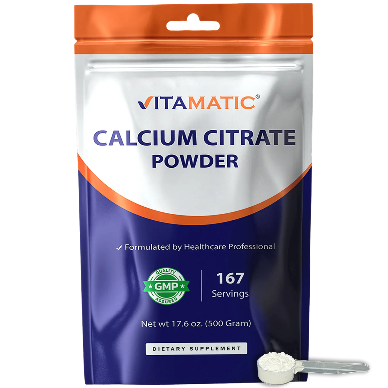 Vitamatic Calcium Citrate Powder Vitamins Supplement for Adults - 3000 mg per Serving, 720 mg Elemental Calcium, 500g (17.6 oz), Unflavored, Sugar Free, Dairy Free