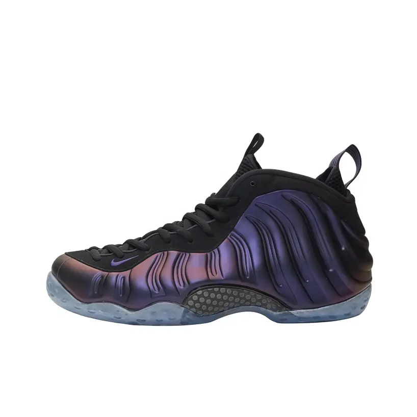 Iridescent Purple Chameleon Bubble Mid-Top Basketball Sneakers, glossy wavy molded shell shows color shift for dark hip-hop street fits and night fashion shoots