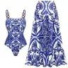 FLAXMAKER Women's Classic Blue Majolica Print One Piece Swimsuit and Skirt Set Bathing Suit Adjustable Shoulder Straps Swimwear #Summervibes outdoorfun #SwimWeek
