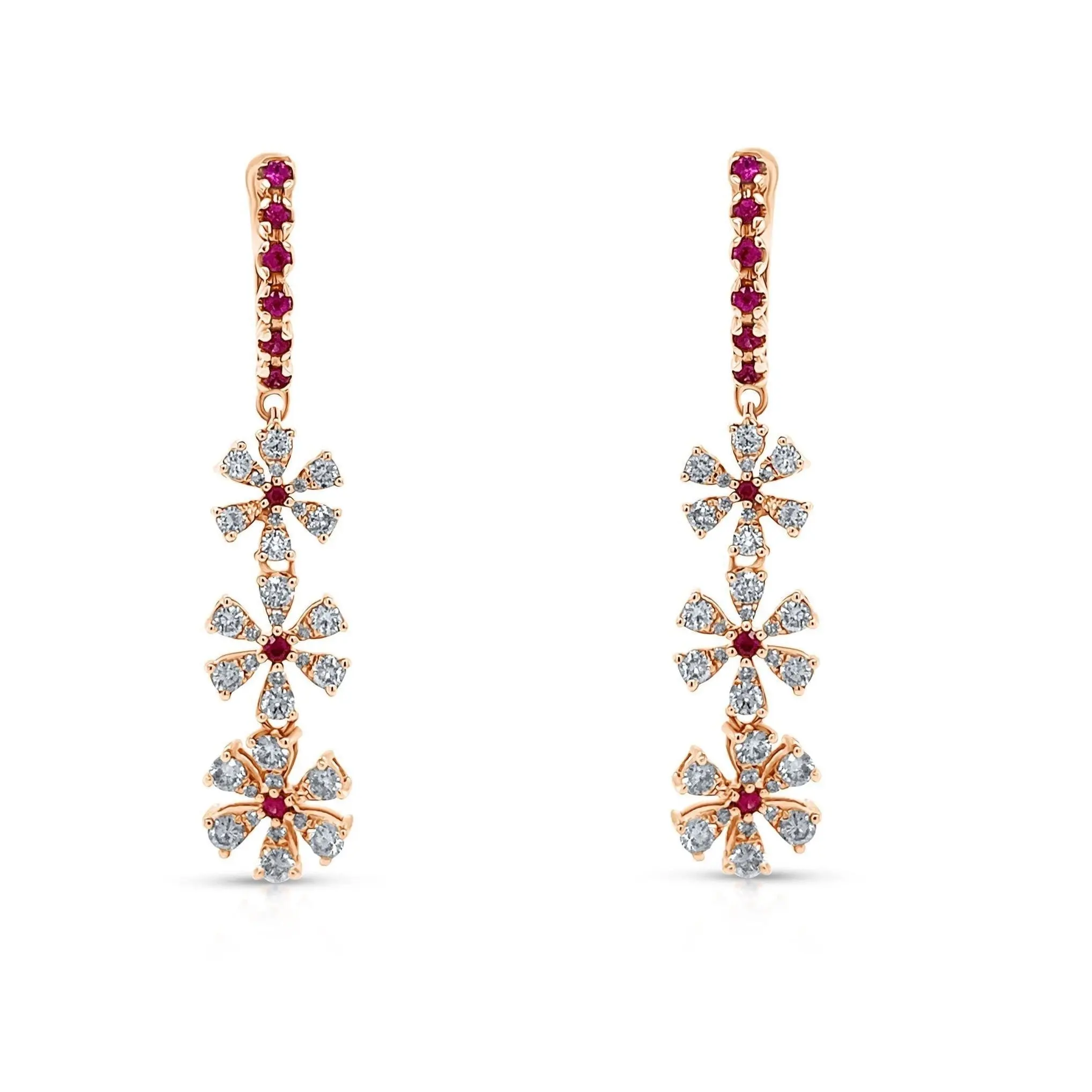 Flower Drop Earrings – 18k Rose Gold with Diamonds & Rubies