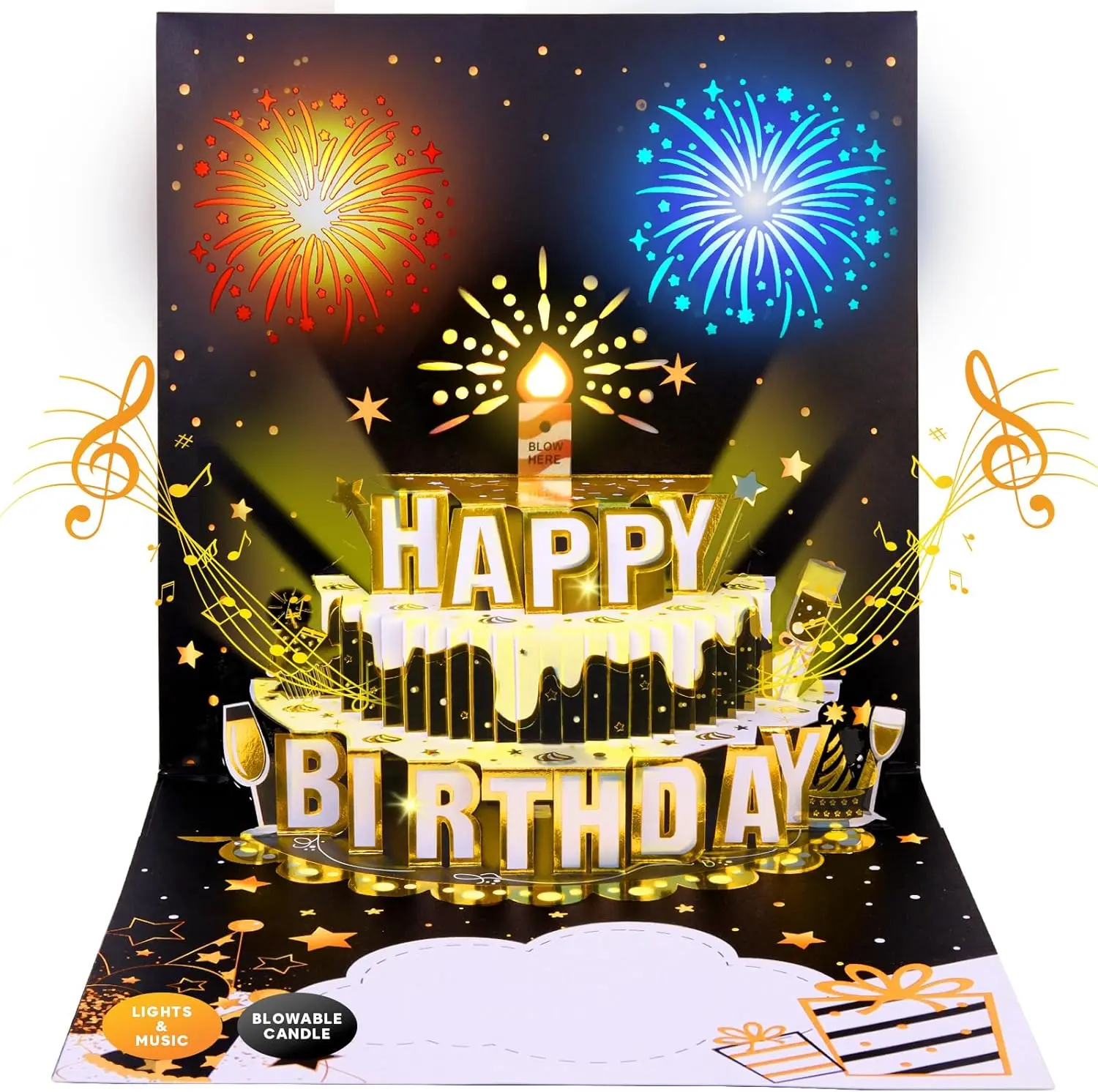 DIY 3D Pop Up Musical Interactive Birthday Card with Cake, LED Lights, LED Candles - Elegant Black Office Stationery for Adults' Birthday Party Greetings, Interactive Cards