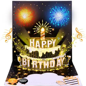 DIY 3D Pop Up Birthday Card with  Cake, LED Lights & Music - Elegant Black and  Greeting Card for Women, Men, Grandma, Mom, , Dad -  Birthday  for All Ages