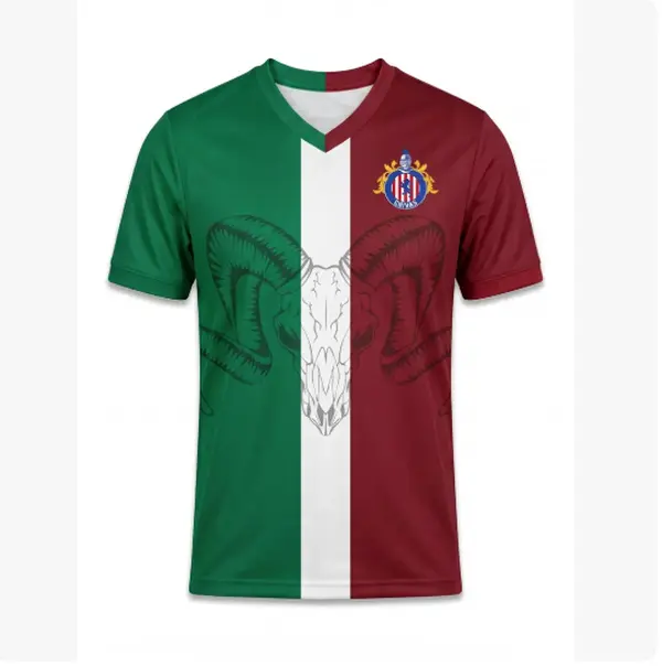 Chivas Guadalajara Soccer Jersey, Ram Skull Mexico Flag Graphic Shirt, Men’s Athletic Football Jersey, Green Red Game Day Top