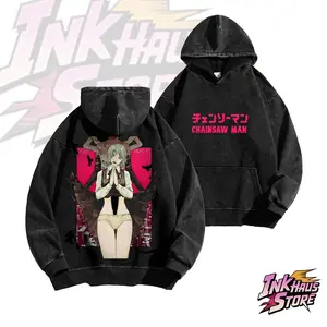 Chainsaw Man "Fami" Vintage Loose Washed Sweatshirt, Anime-themed washed sweatshirt, Cotton, Original design, Men's top, Black casual men's washed sweatshirt
