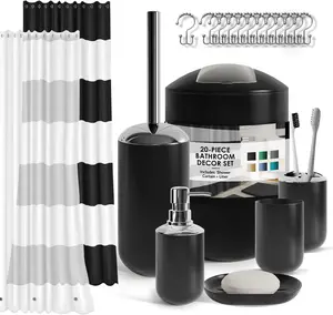 20PC Bathroom Accessory Set, Shower Curtain Set, Soap Dispenser, Toilet Brush, & Trash Can