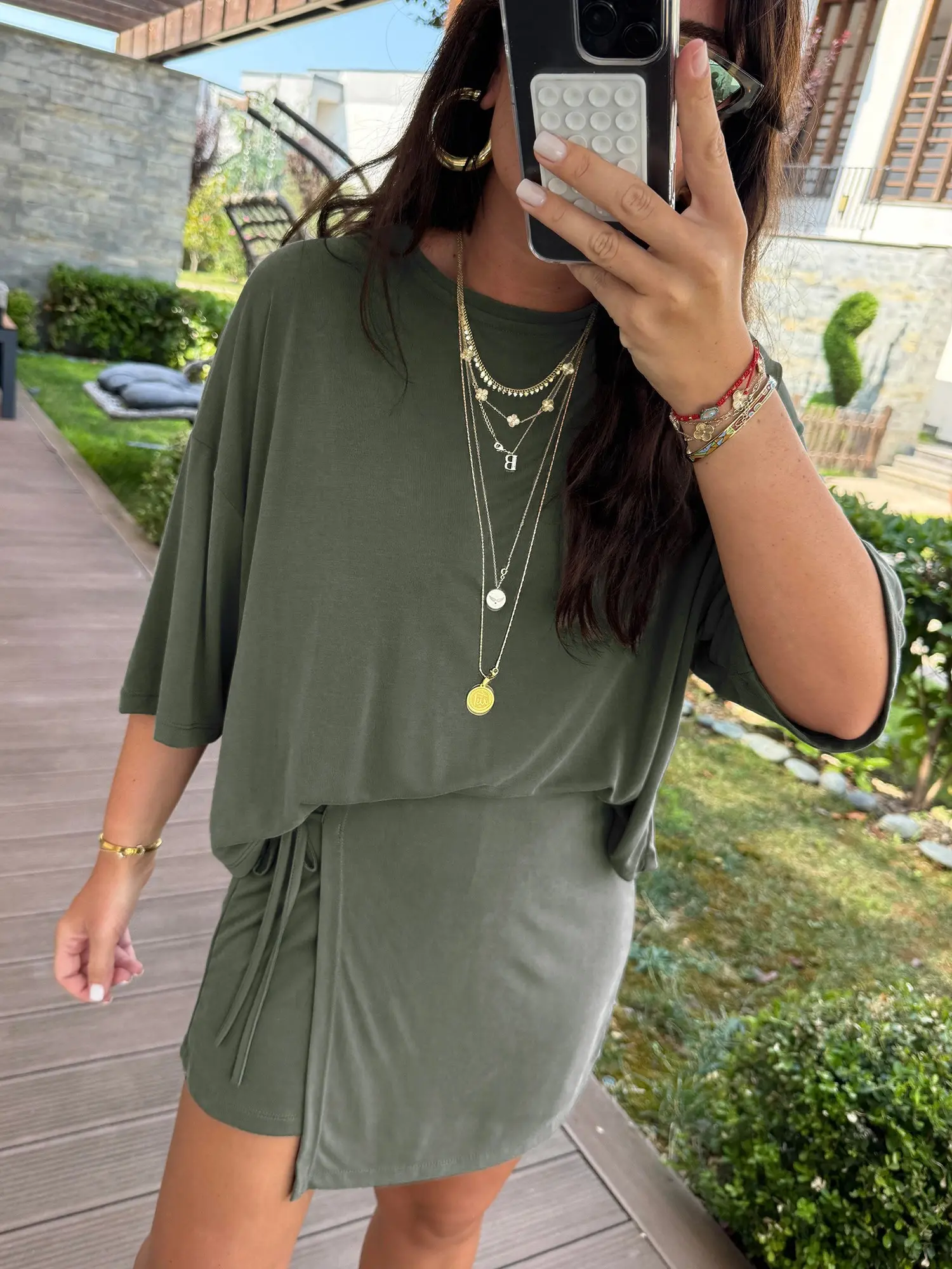Women's Solid Color Oversized Tee and Tie Wrap Mini Skort Two Piece Set, Casual Matching Outfit