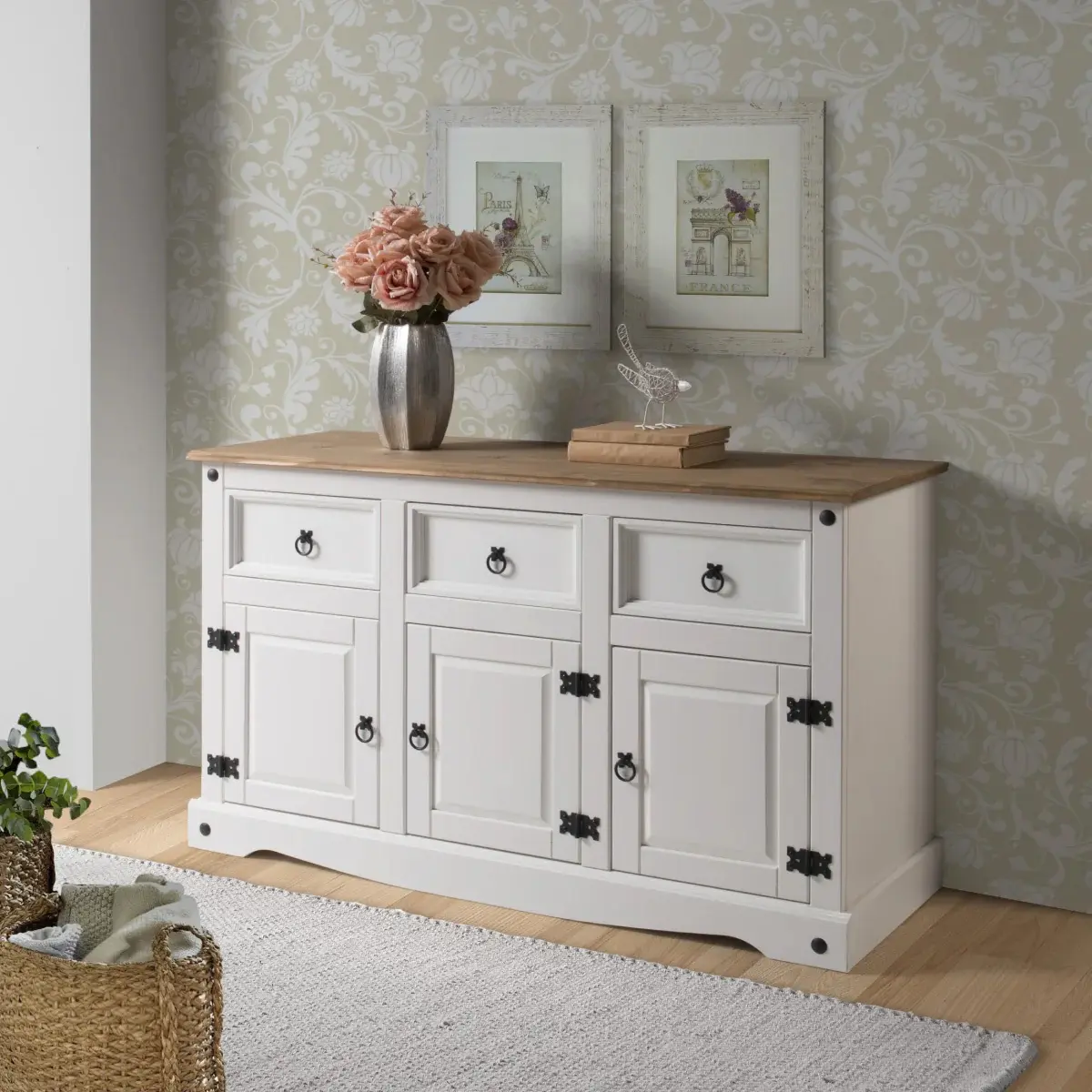 212 MAIN Cottage Series Distressed White Solid Pine Wood Sideboard Buffets Cabinet - COW388 Model, Safe Storage, 49.25x29.88x15.75 in Indoor Home Furniture