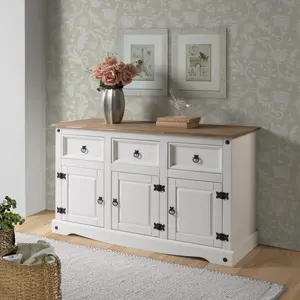 212 MAIN Cottage Series Distressed White Solid Pine Wood Buffet Sideboard - COW388 Model, Safe Storage Cabinet, Sideboard with Storage, 49.25x29.88x15.75 in Indoor Home Furniture
