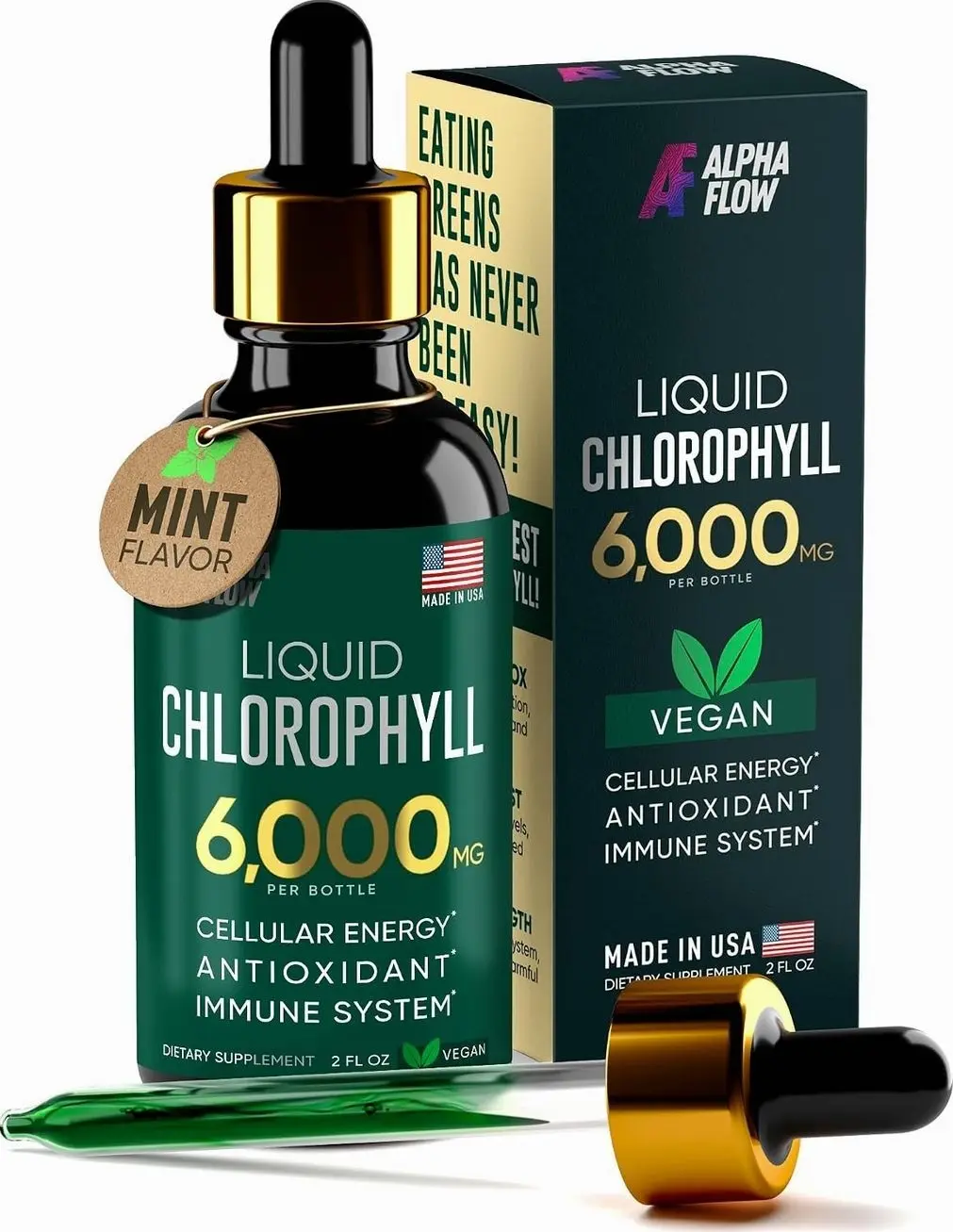 Alpha Flow Chlorophyll Liquid Drops 6000 mg - Premium Liquid Chlorophyll Supplement - All-in-One Antioxidant for Immune Boost, Energy Increase, Digestion Support & Fast Detox - Non-GMO, Vegan