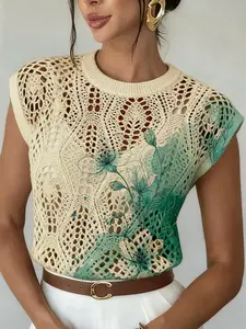 Women's Mint Gradient Floral Print Round Neck Sweater, Casual Loose Fit Knit Top, Breathable Hollow Design, Spring Summer Wear