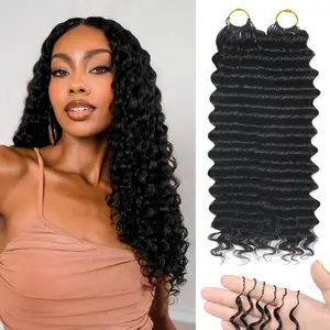 [NEW ARRIVAL] Human Crochet Human Hair Deep Wave Knotless Pre-Separated Feather Human Crochet Hair Lightweight Reusable Remy Hair Extensions With Spiral Curl for Women Natural Black Color