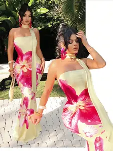 Women's Summer Sleeveless Floral Dress, Slim-Fitting Backless Long Strapless Dress, Elegant Chic Beachwear, Hawaiian Style, Beachy Style Dress, No Strap Dress
