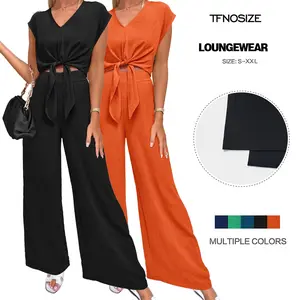 TFNOSIZE Women's Summer 2 Piece Outfits 2025 Cap Sleeve V Neck Belted Crop Tops Wide Leg Pant Sets Casual Tracksuit#TikTokShopStockUp