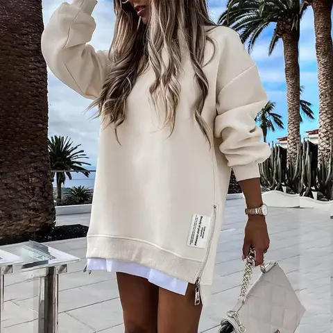 CHICME 2026 Women's Breathable Elastane Cozy Oversized Fall Long Sleeve Zippered Sweatshirt Tunic Dress - Round Neck, Drop Shoulder, Zip Side Slit, Solid Colors, Classic Fashion Style, All Seasons Wear for School, Work