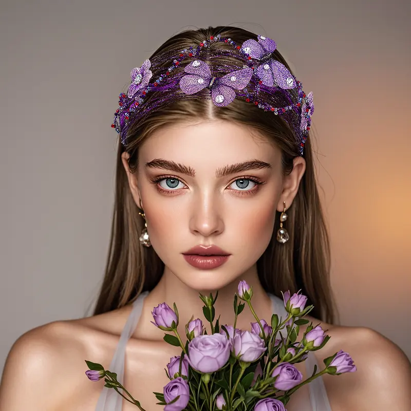 Elegant Vintage Purple Mesh Flower Headband for Women Vintage Feather Headband Wedding Party Church Bridal Hat  main image 2