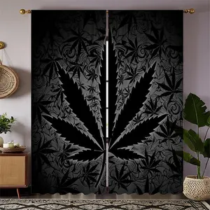 2 Piece Dark Leaf Print Curtains, Fashionable Rod Pocket Window Drapes for Kids Room Bedroom Living Room, Comfortable Atmosphere