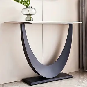 Luxurious Moon-Shaped Modern Entry Table, Made of Sintered Stone, Narrow Entryway Sofa Table with Metal Gold Base, Suitable for Hallway, Living Room, and Bedroom Use