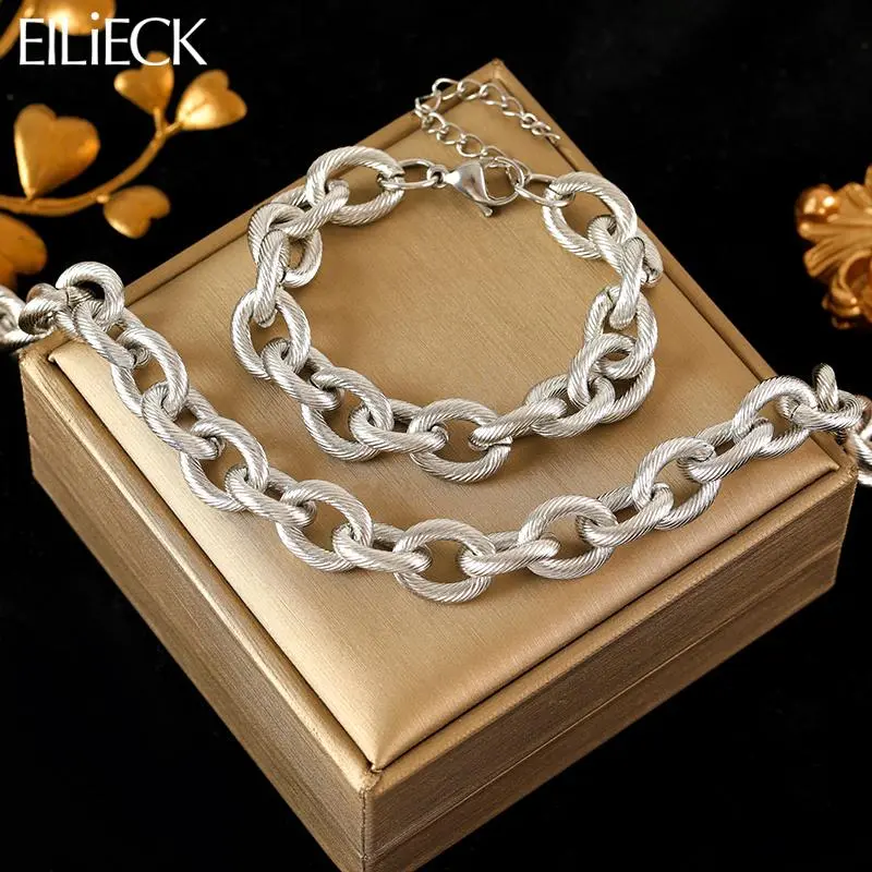 EILIECK 316L Stainless Steel Silver Color Thick Link Chain Necklace Bracelet Set For Women Men New Trendy Metal Jewelry Bijoux