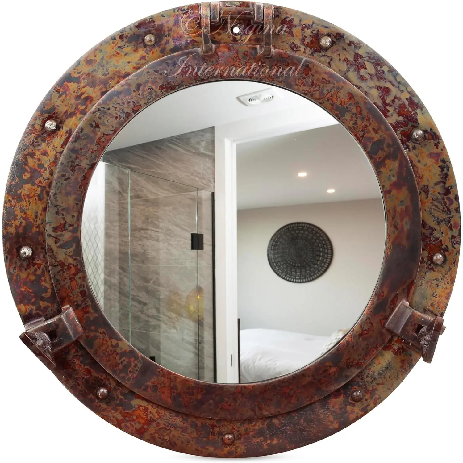 Nagina International Rustic Copper Shipwreck Look Porthole Mirror - 8 in Solid Aluminum, Premium Nautical Home Decor Bathroom Accessory with Lacquer & Antique Finish, Room Decor, Vanity Setup