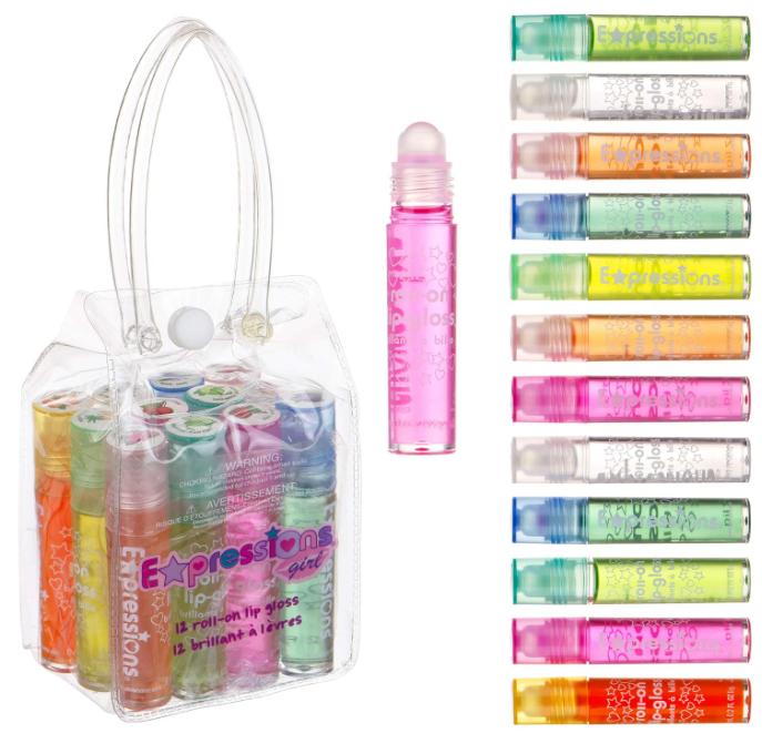 Expressions girl 12pc Roll On Lip Gloss Set with Carrying Case, Glossy Lip Make-up for Kids and Teens - Fruity Flavors