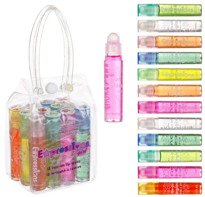 Expressions girl 12pc Roll On Lip Gloss Set with Carrying Case, Glossy Lip Make-up for Kids and Teens - Fruity Flavors