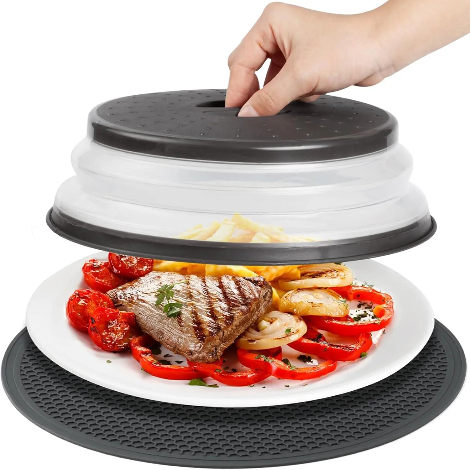 Collapsible Microwave Splatter Cover with Heat-Resistant Trivet, Silicone Mat & Vented Reusable Food Guard - No-Mess Kitchen Accessory for Pots, Pans, Countertops - Black Party & Home Supplies Essential