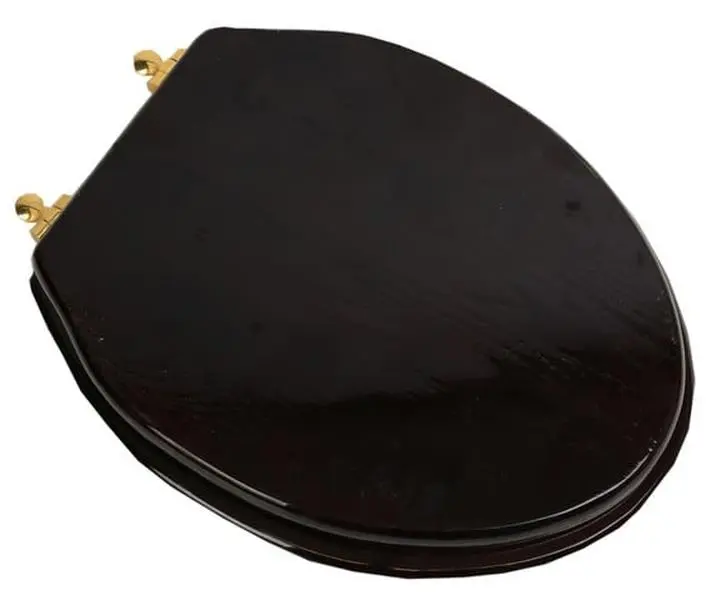 Designer Solid Elongated Dark Brown Oak Wood Toilet Seat with Polished Brass Hinges - Indoor Use Lid Cover, Bathroom Toilet Parts Seats & Covers, 14.38in L x 18.5in W x 2.5in H, 9 lbs