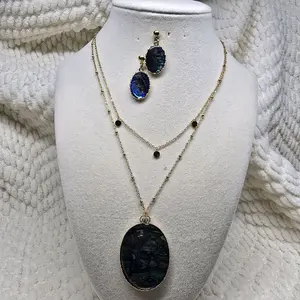 Vintage Makeover Abalone Shell Pendant Necklace & Earrings Set with Elegant Gold Chain and Blue Accents