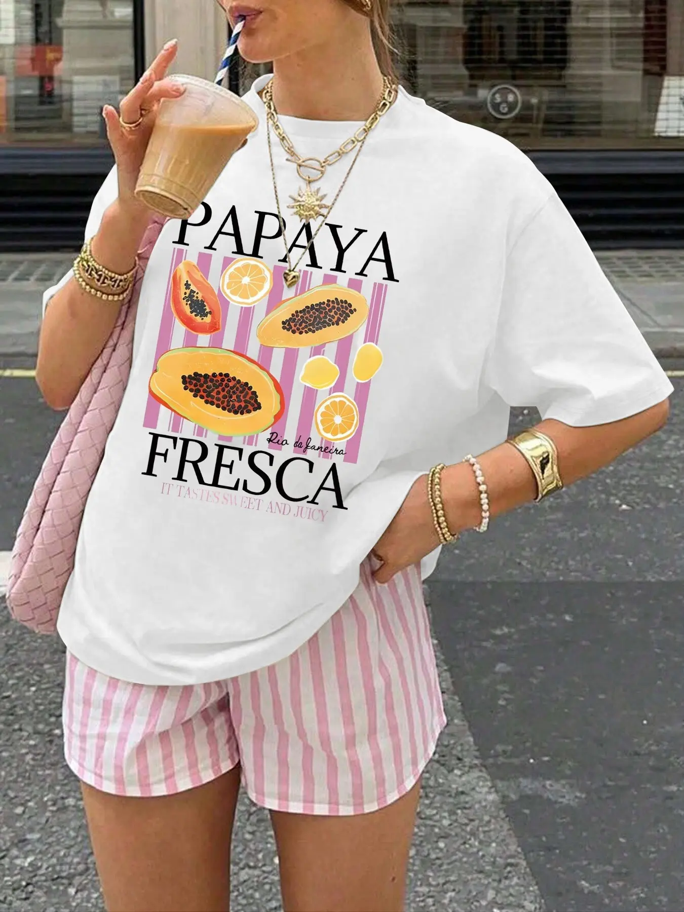 Women's Fresh Fruit Papaya Pattern Round Neck Short Sleeve T-Shirt, Casual Loose Fit, Soft Breathable Fabric, Perfect Summer Top, Coastal Graphic Tee, Casual Everyday Wear, Casual Everyday Tops, Womenswear