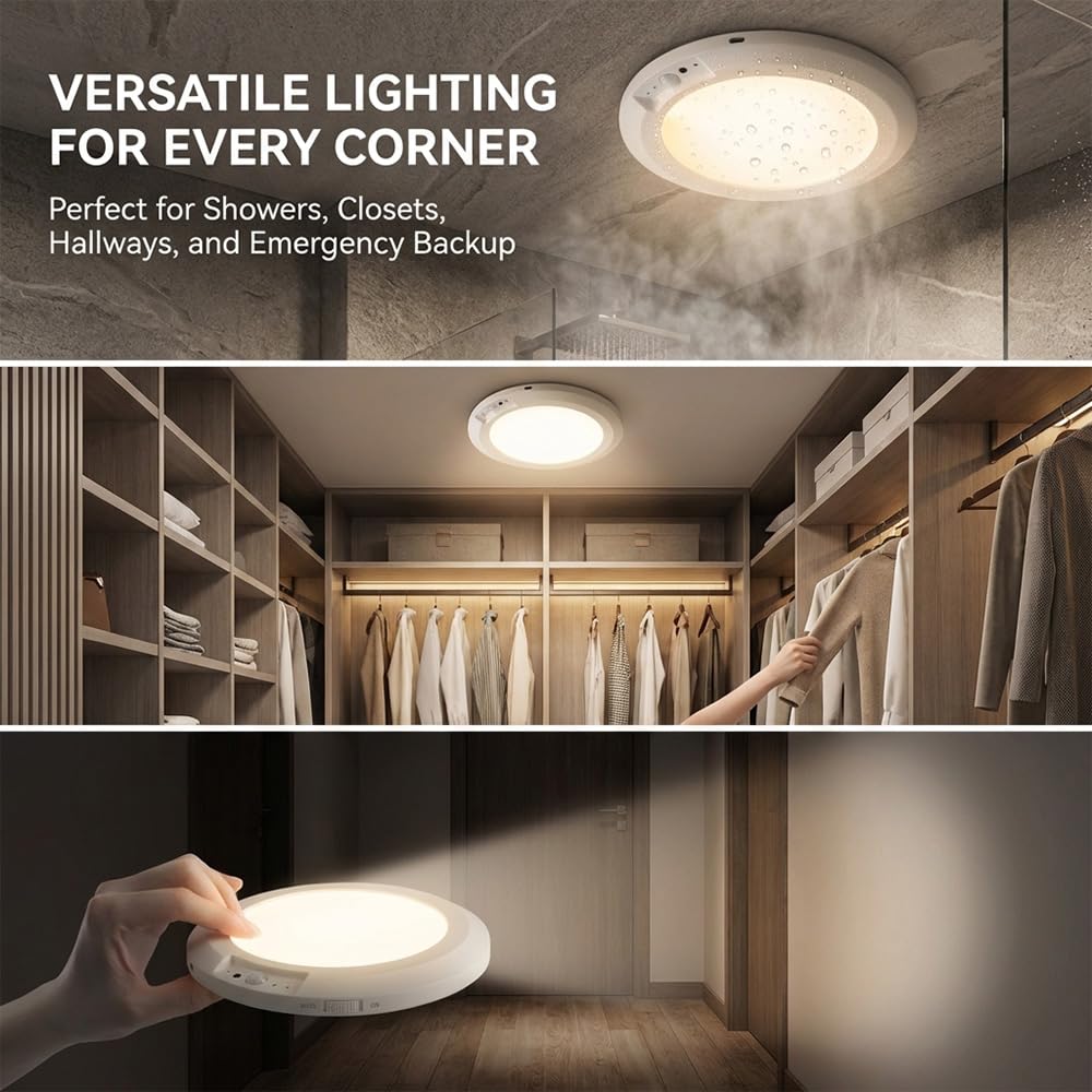 Rechargeable Ceiling Light with Remote, Motion Sensor Ceiling Light Magnetic Battery Operated, 3 Color Temps Dimmable Battery Powered Closet Light for Hallway Stairs Shed Garage, No Wiring