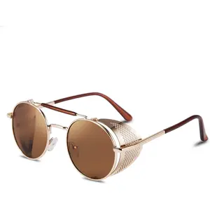 EyeconicFinds  Steam Punk Sunglasses for Men Women Side Shield Round Steampunk Vintage Glasses Shades B2518 Glossy Clear Vision Style Polarized