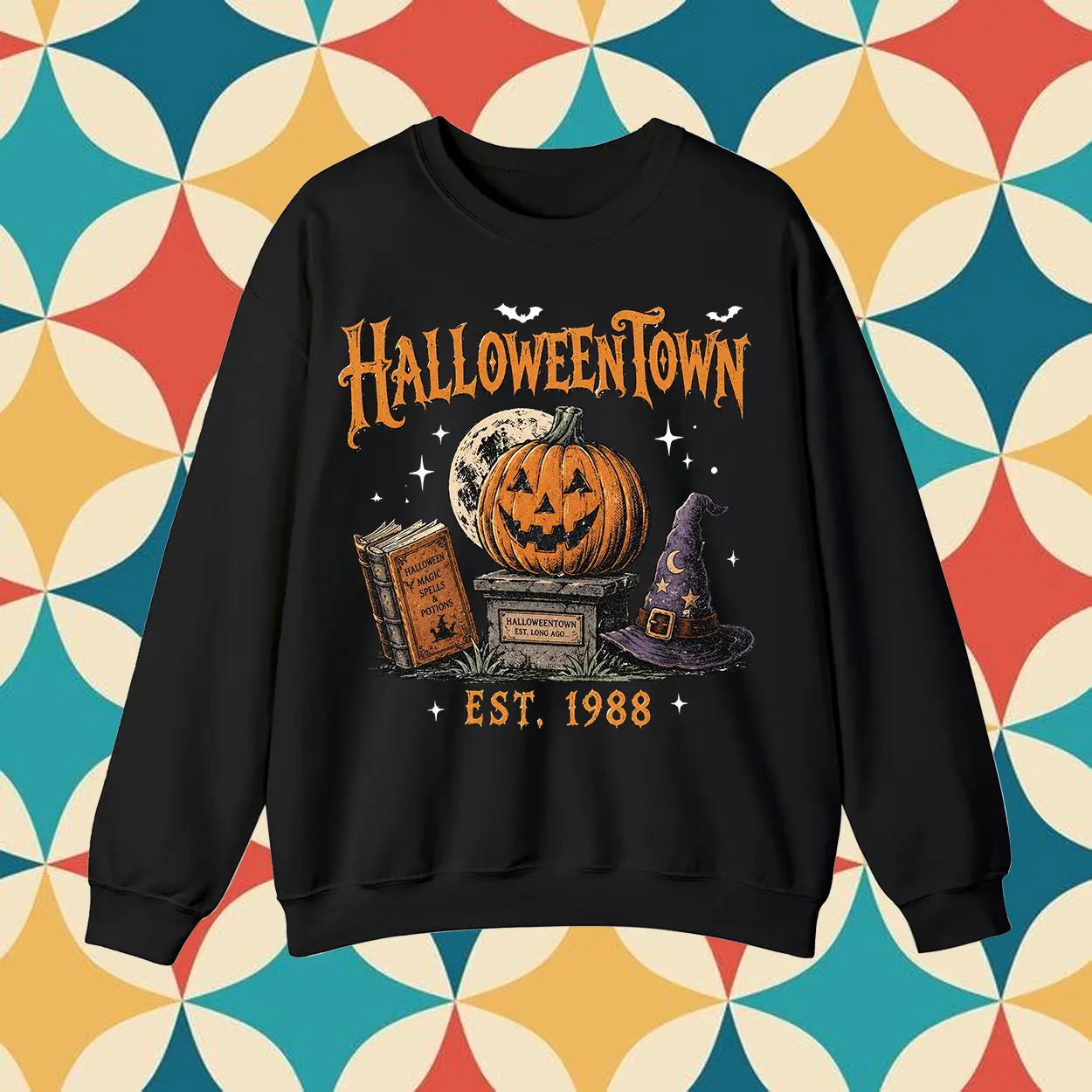 Vintage Halloweentown EST 1988 Pumpkin Witch Hat Graphic Sweatshirt And T-Shirt | Spooky Season Fall Aesthetic Spells Book Pullover Top Gift