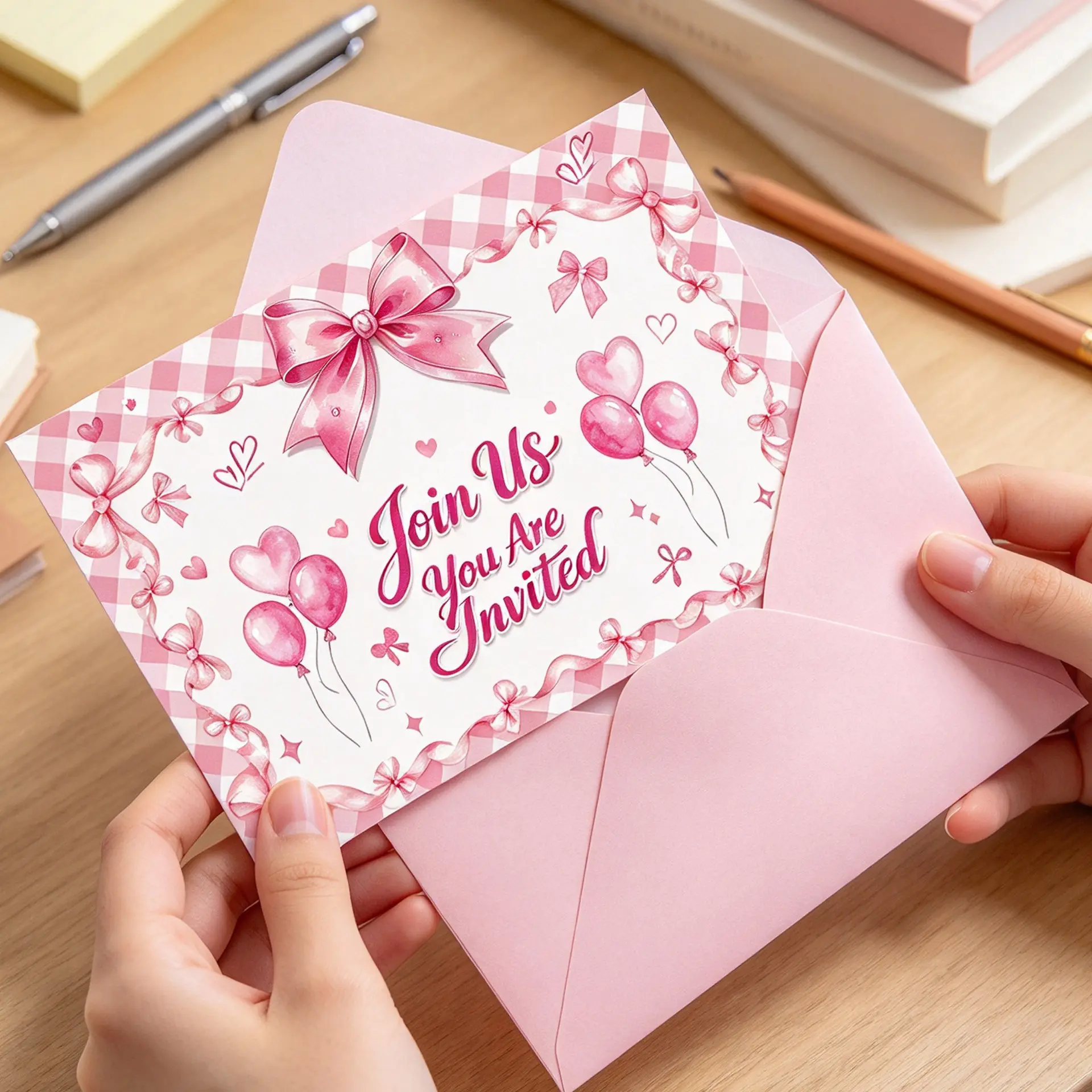 Pink Bow Coquette Birthday Invitation Cards, Fill-in Blank Party Invites with Pink Envelopes & Bow Stickers, Cute Gingham Girl Birthday & Christmas Holiday Party Supplies