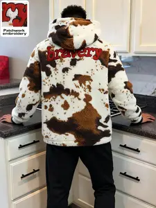 Men's Patterned Hooded Fleece Jacket, Bravery Embroidery, Patchwork Stitching, Warm and Unique Style, Winter Wear