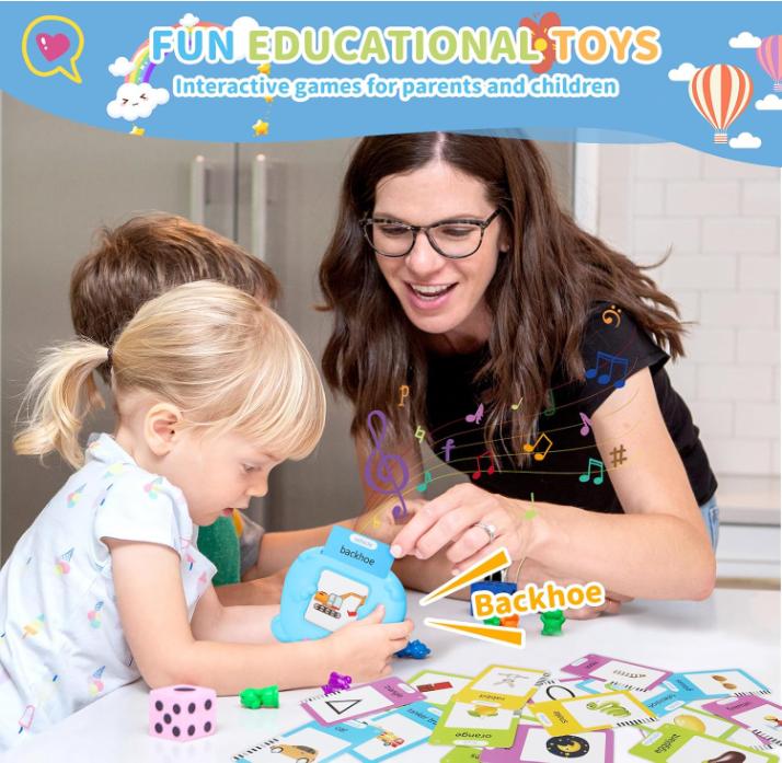 Children’s early education talking flash card toy machine, pink and blue dual-color electronic word reader, 224 words, 112 double-sided flashcards, Montessori educational learning toy for boys and girls ages 2–6
