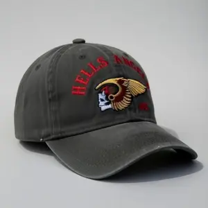 Dad Hat - Vintage Washed Black Embroidered Winged Skull