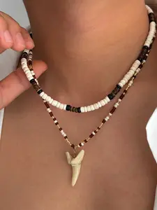 Fashion Unique Realistic Shark Tooth Pendant Necklace for Men, Summer Coconut Shell Wood Beads Choker Chain, Handmade Beaded Necklace