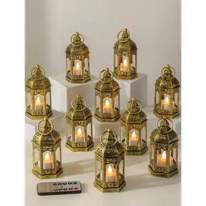 Decorative Mini Lanterns for Centerpieces - Set of 10 Gold Vintage Small Candle Lantern Bulk with Remote for Wedding Table Decor Party Ramadan Christmas Halloween, Batteries Included
