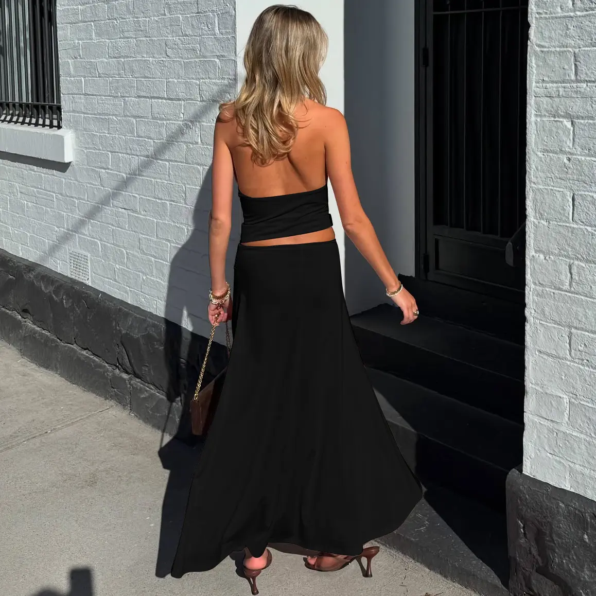 Solid Color Cowl Neck Halter Crop Top & Maxi A-Line Skirt Suit with Metal  Ring