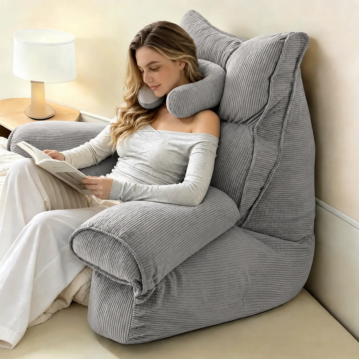 Large corduroy bed reading pillow with armrest, detachable neck pillow, and lumbar support pillow—ideal for reading in bed, watching shows, gaming, and resting.