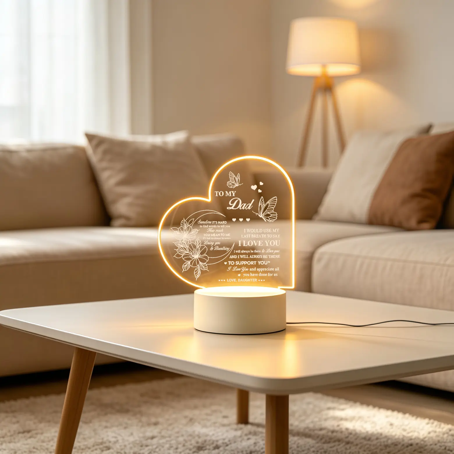 Heart-Form Acrylic Panel LED Night Light, Dad Appreciation Engraved Gift from Daughter for Father's Day, Birthday, Warm Bedroom Desktop Decor (Home & Festive Supplies)