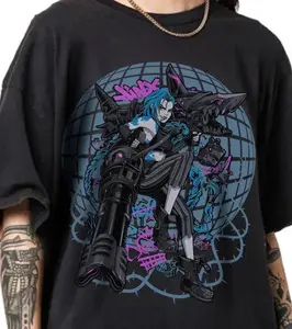 Jinx Arcane Vintage Graphic T-Shirt, Gildan Tee & Comfort Colors, Anime Gaming Streetwear Tee, Casual Cotton Unisex Menswear Top, Breathable Heavyweight Fabric, Classic Crew Neck Garment