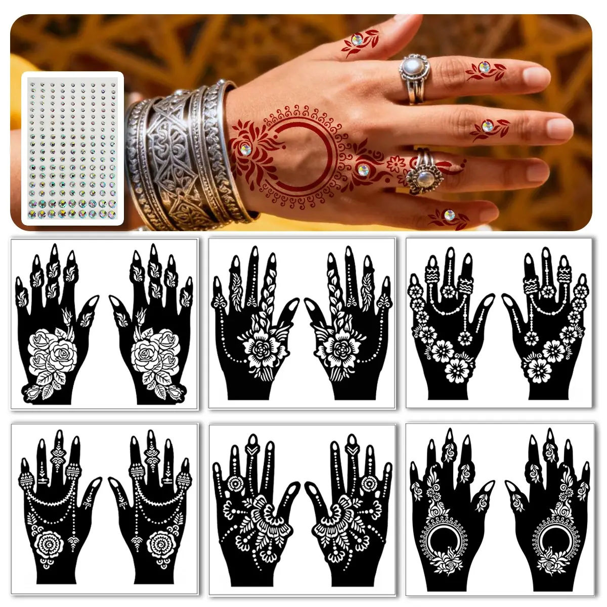 Reusable Henna Tattoo Templates Set, 12 Sheets & 162 Decorative Rhinestones, Hand Body Paint, Flower Patterns, Temporary Tattoos, Wedding Makeup