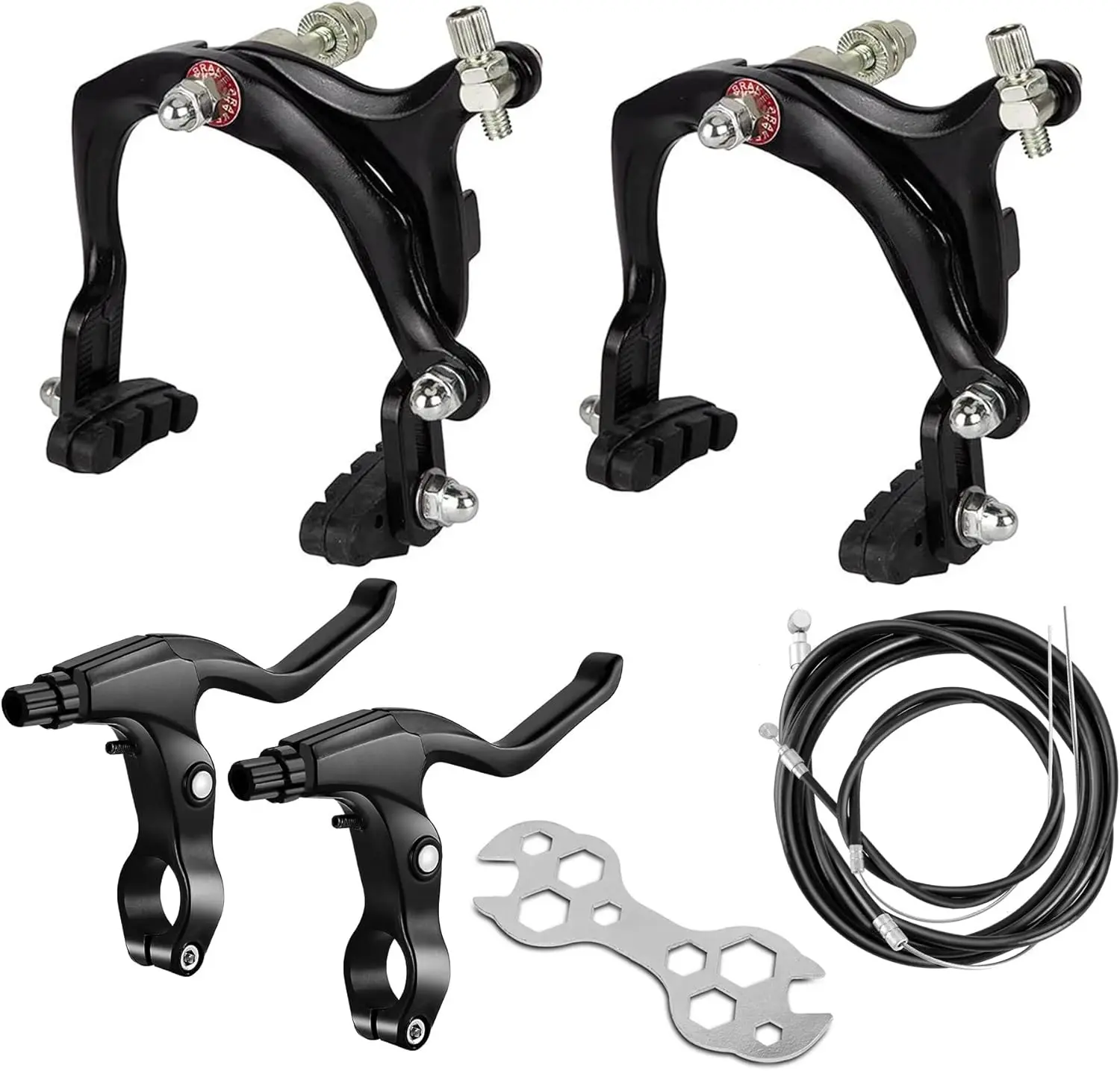 Black Front and Rear C Bike Brakes Calipers Kit 65-79mm Long-Reach with Brake Pads Levers Cables fits Road MTB BMX Bicycle
