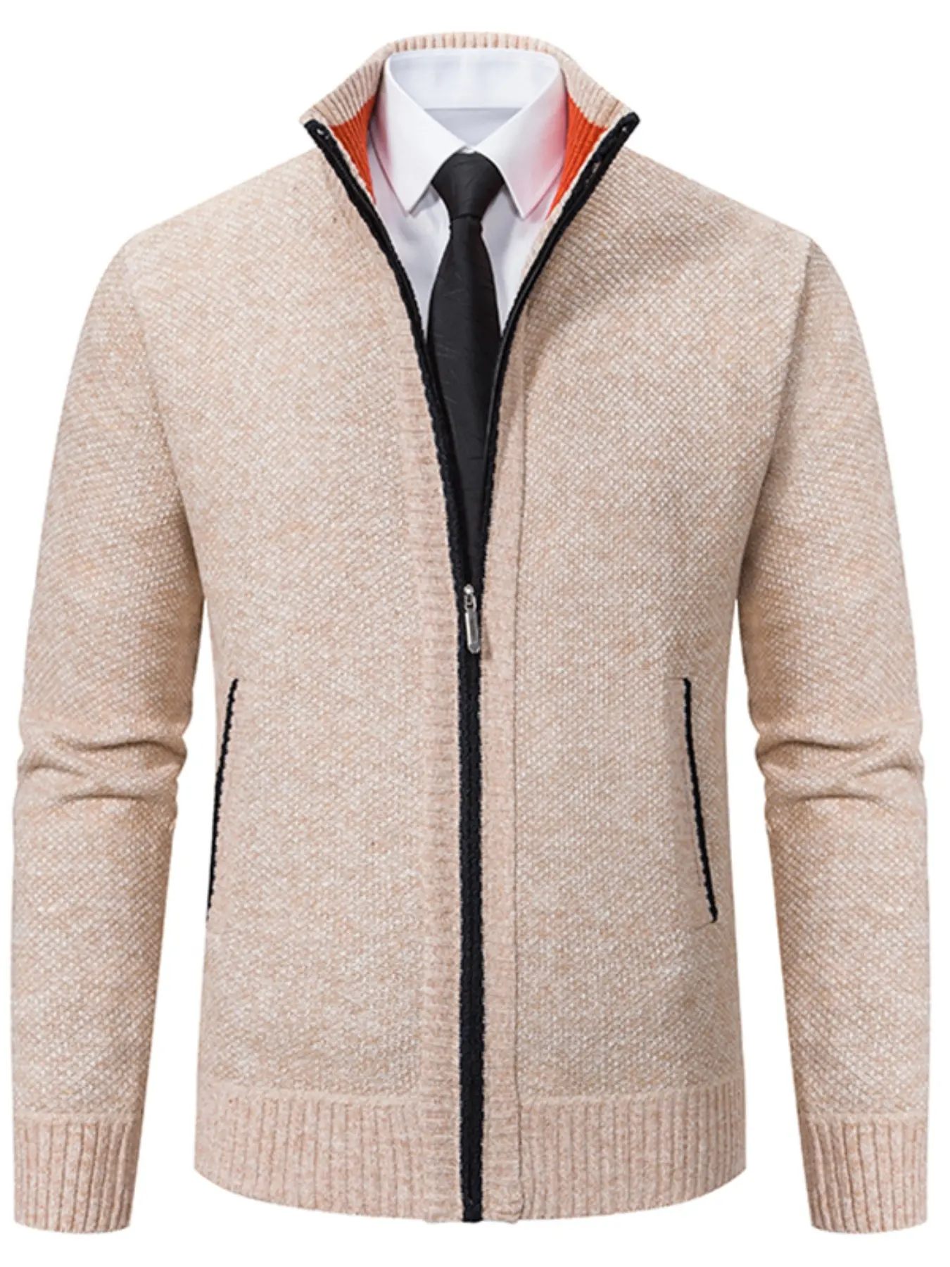 Men's Knitted Cardigan Sweater Jacket, Fall Winter Casual Stand Collar Fleece Lined Coat, Warm Zipper Pullover Outerwear for Office Daily Wear, Casual Fashion Knitwear