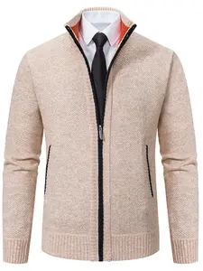 Men's Knitted Cardigan Sweater Jacket, Fall Winter Casual Stand Collar Fleece Lined Coat, Warm Zipper Pullover Outerwear for Office Daily Wear, Casual Fashion Knitwear